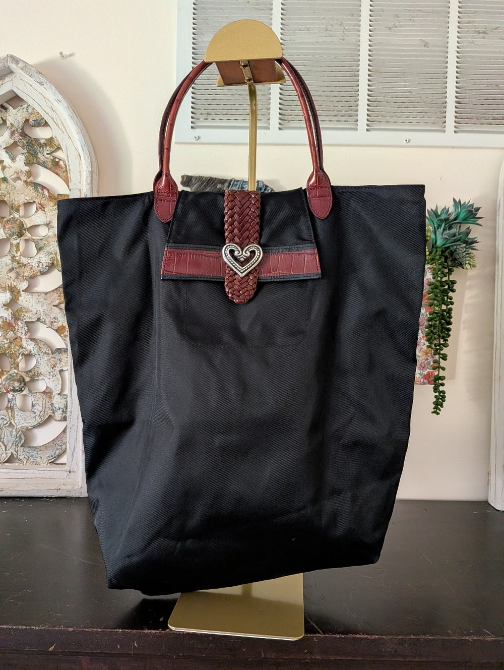 Brighton Large Black Nylon Tote with Woven Leather Heart Detail